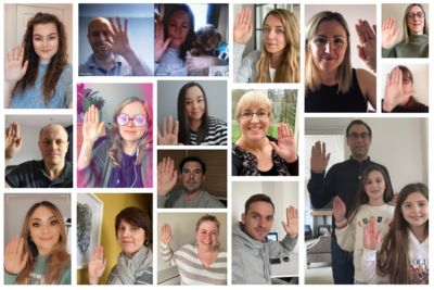 Collage of Outsource UK's recruitment staff holding their hands up to support IWD 2021