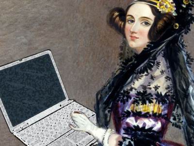 Ada Lovelace holding a laptop