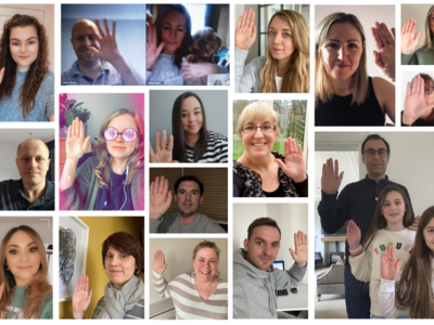 Collage of Outsource UK's recruitment staff holding their hands up to support IWD 2021