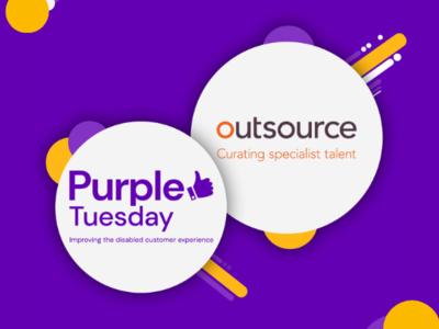 Purple Tuesday logo with the words 'improving the disabled customer experience' underneath with our Outsource UK logo next to it,