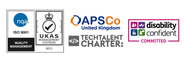 UKAS ISO9001:2015 accredited, APSCo logo, Tech Talent Charter logo, Disability Confident Committed logo.