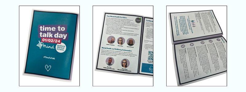 Photo of our Time to Talk Day brochure which shares key information of mental health support and the resources available.
