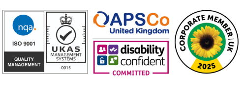Footer Logos are - UKAS ISO9001:2015 accredited, APSCo, Disability Confident Committed, Hidden Disabilities Sunflower
