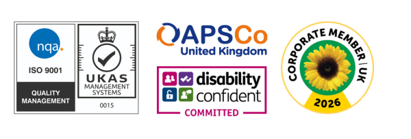 Footer Logos are - UKAS ISO9001:2015 accredited, APSCo, Disability Confident Committed, Hidden Disabilities Sunflower