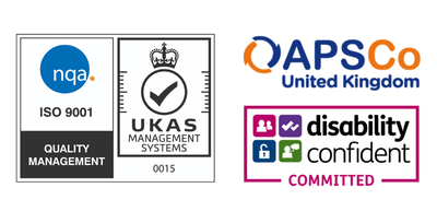 Footer Logos are - UKAS ISO9001:2015 accredited, APSCo, Disability Confident Committed